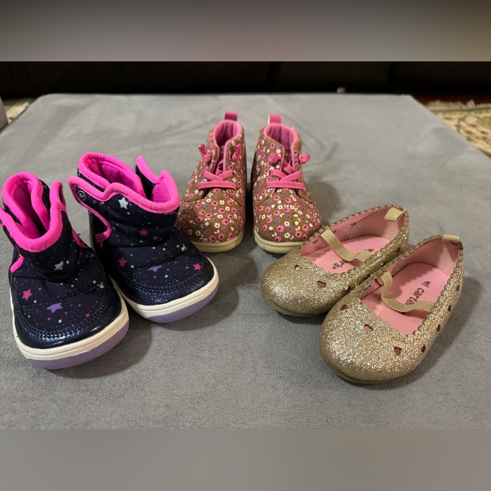3 pairs of baby girls size 4 Carter’s and Stride Rite shoes, boots, dress shoes